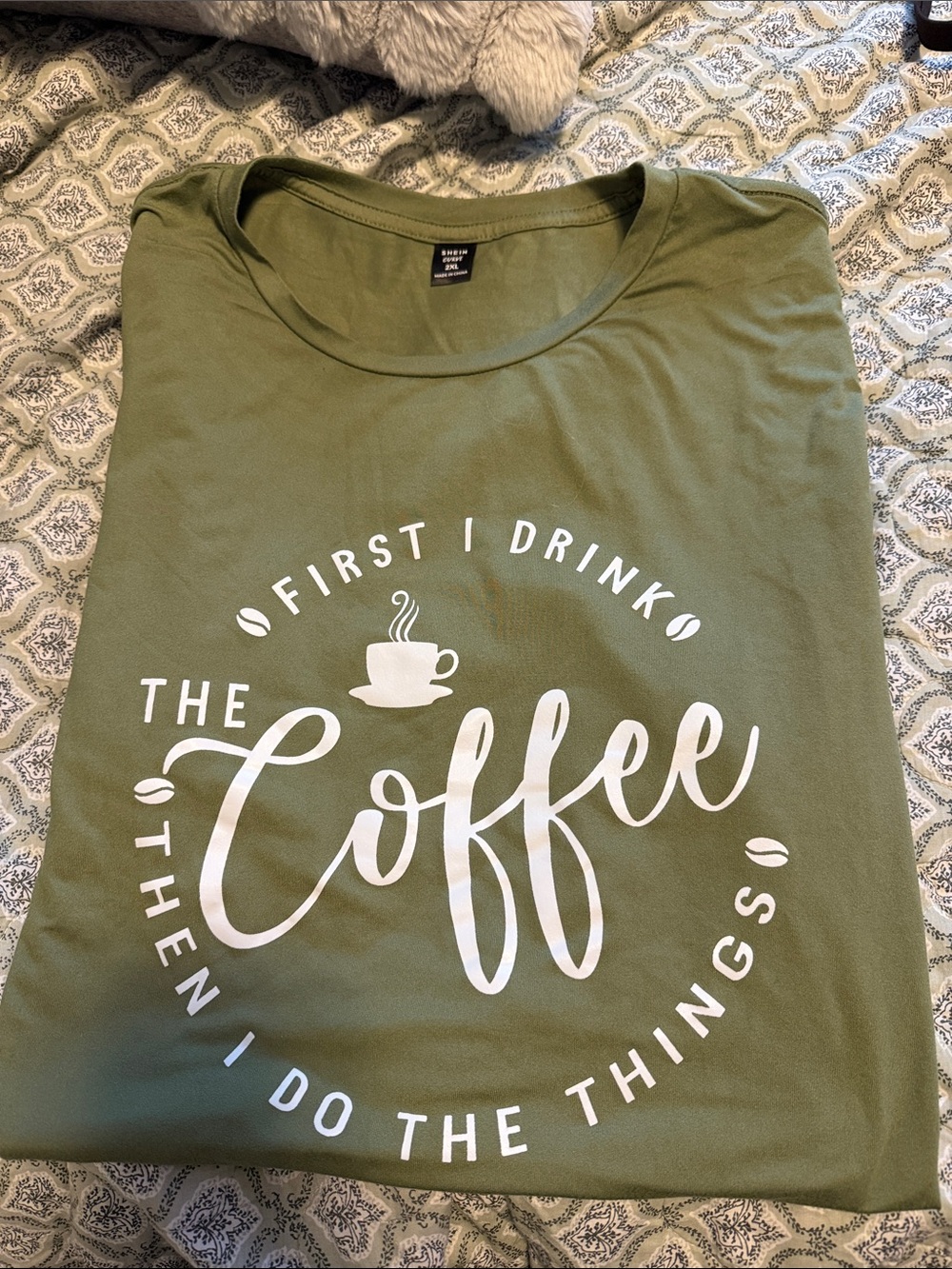 SHEIN Olive Green Short Sleeve Tee with White Coffee Script